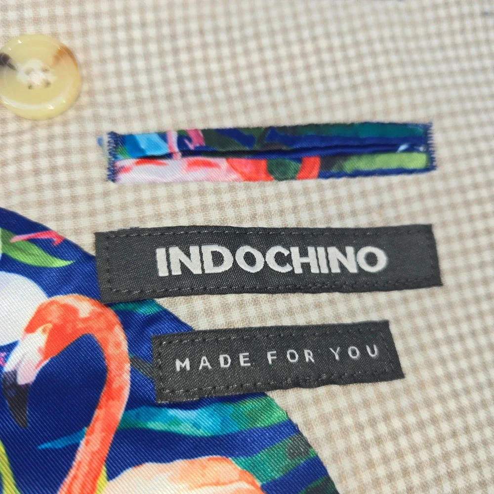 Indochino Blazer Mens Custom Tan Gingham‎ Wool Blend Tropical Flamingo Lining